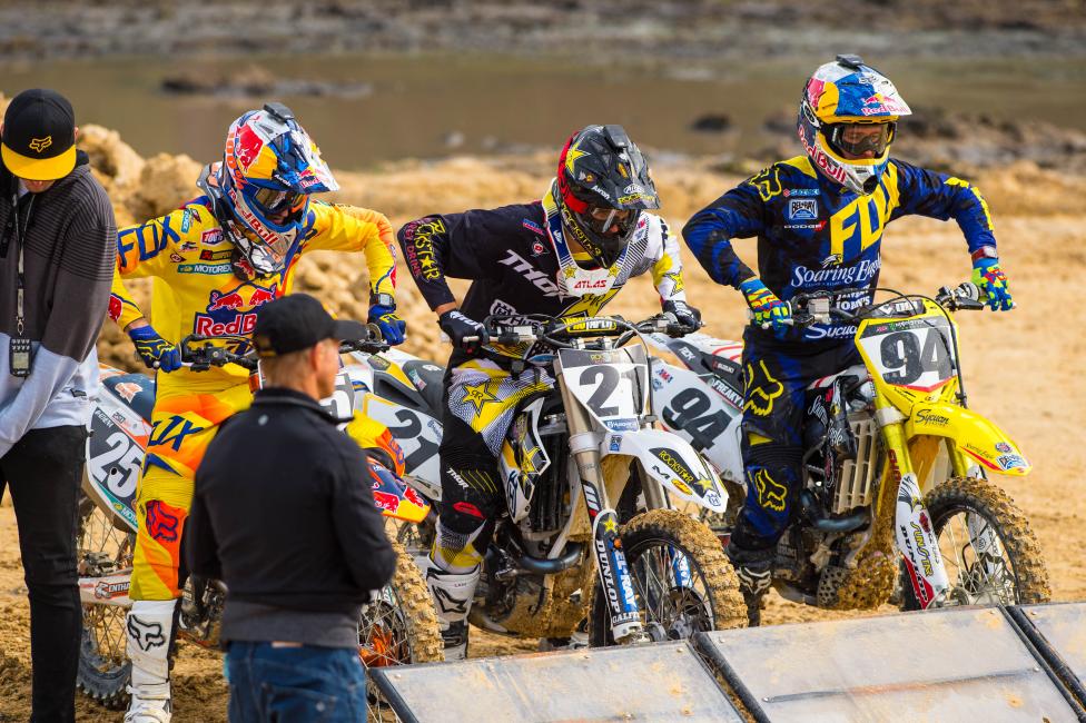 Marvin Musquin (left), Jason Anderson and Ken Roczen practicing starts under the watchful eye of Aldon Baker. 