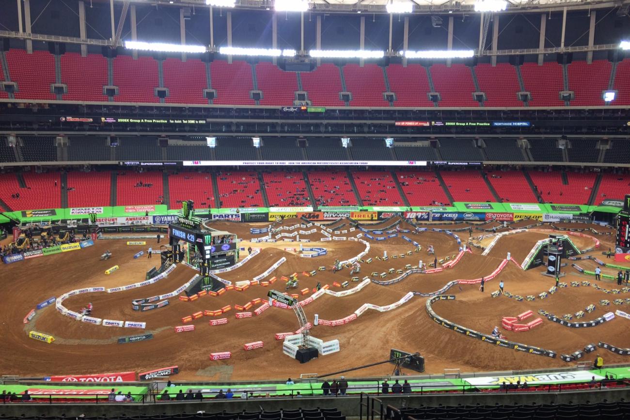 Lots of turns here but the bottom line is passing will be tough on any supercross track these days--the bikes are riders are good and everyone nails everything from the first lap of practice through the end of the show The whoops might be a factor here, though.