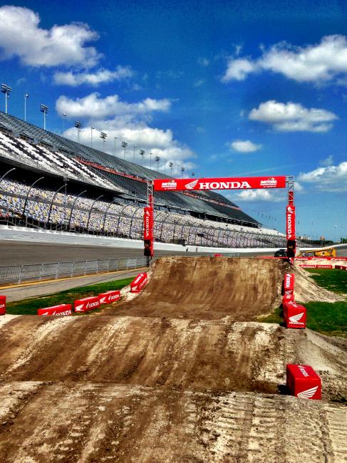 This is a pre-raced-upon photo of the Daytona Supercross by Honda track, built by Ricky Carmichael.
