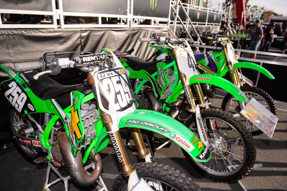 Okay, not really themed bikes but just actual retro bikes. Kawi brought championship hardware from Jeff Emig, Ricky Carmichael, and James Stewart for new fans to see.