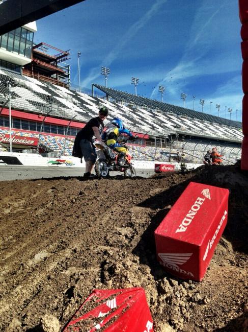 Ricky Carmichael was a hands-on helper for everyone at his namesake amateur supercross race, as this young rider found out when he stalled atop a jump