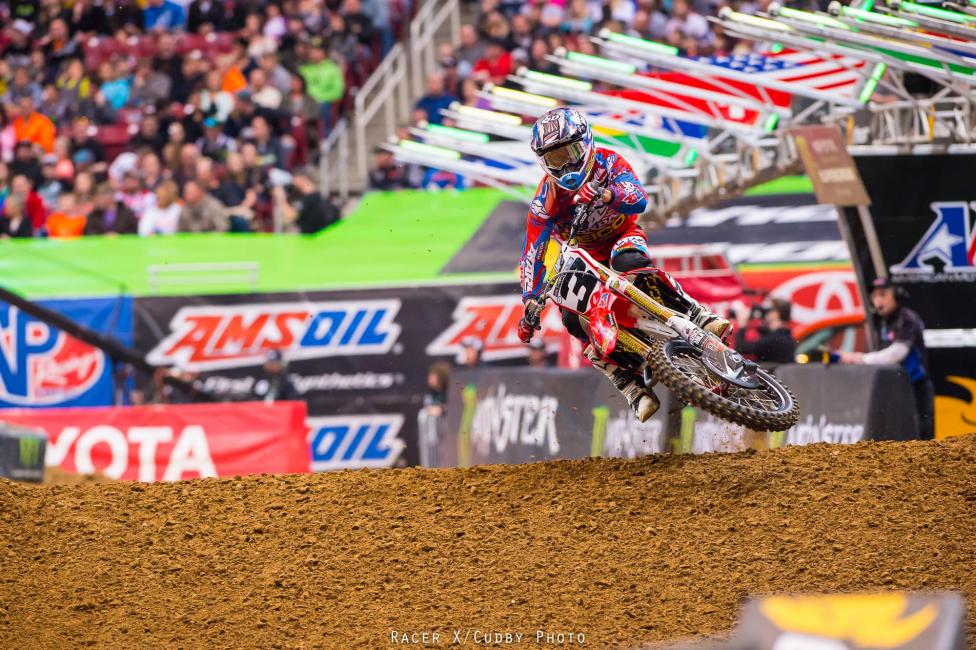 Tomac started okay, but not great, then made a bobble trying to pass Anderson for third early. Took him a few laps to regroup, and then there was no chance of catching Dungey. He did rally back to re-pass Anderson and get Weston Peick, too, to finish second.