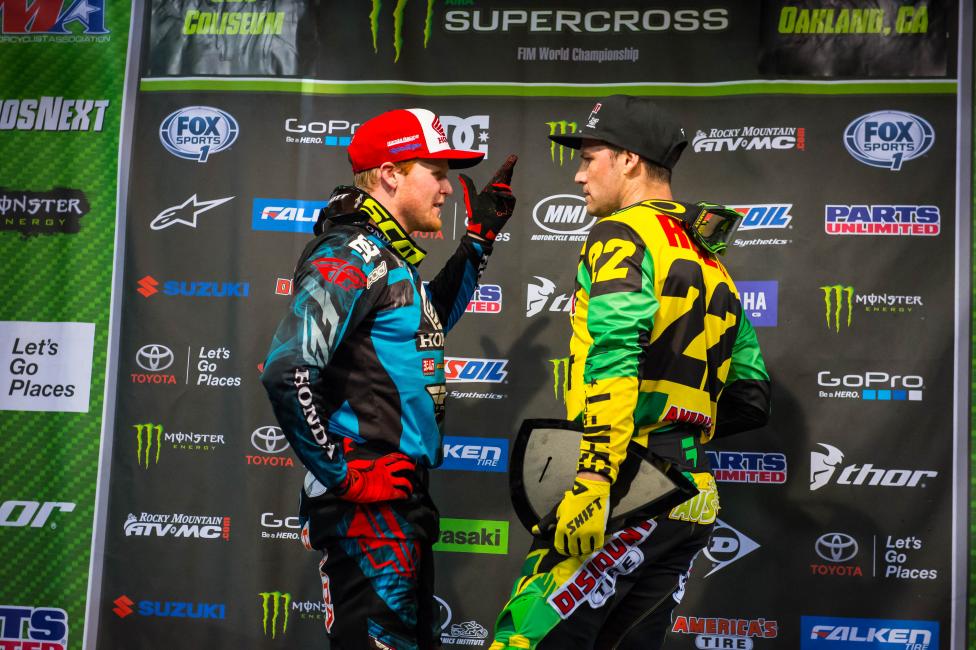 Okay, there was some bad stuff with Trey Canard and Chad Reed at Anaheim 2. But in Oakland it was all good—they even battled for the lead. Canard won his first supercross since 2011 and Reedy scored his first podium of the year.