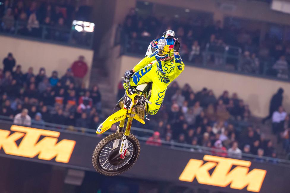 Ken Roczen's supercross season started on a good note with his second-straight Anaheim 1 win. This background of this photo is quite fitting, too, because it marked his first race since parting ways with KTM last year. The Suzuki switch was all good! 