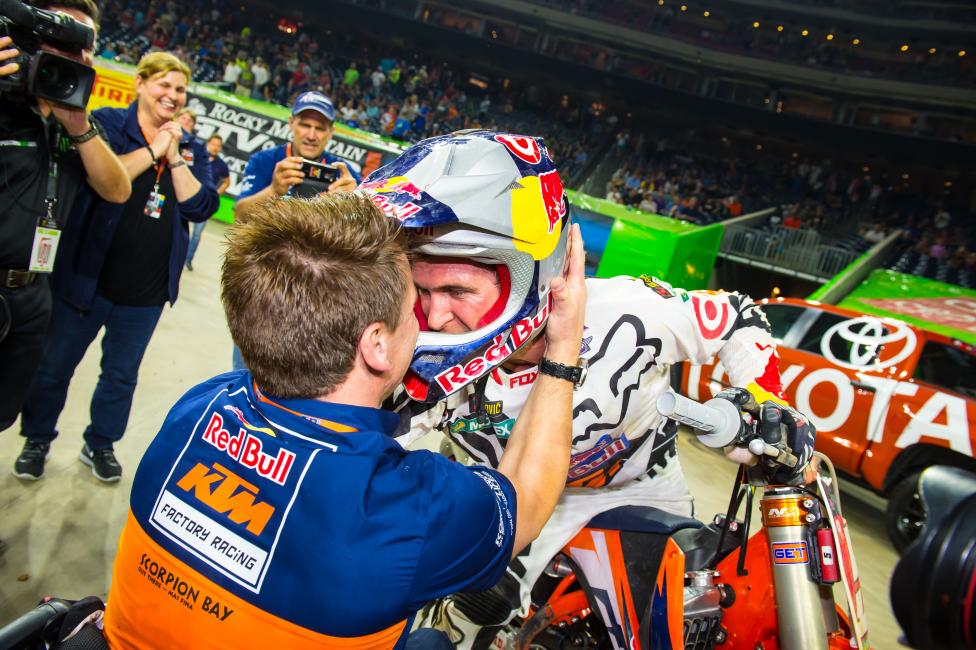Dungey gets an embrace from Pit Beier. Pit, a former superstar on the World Grand Prix circuit and now KTM's racing boss, knew the brand needed to succeed in the US. He hired Roger DeCoster, Ian Harrison, and Dungey, and the result is this.