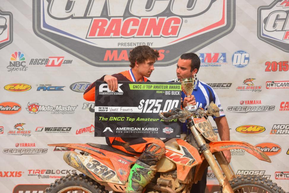 Kentucky's Vance Francis captured the $125 American Kargo Top Amateur Award with a big win over Anthony Stone in the 250 A class, earning 22nd overall for the day.