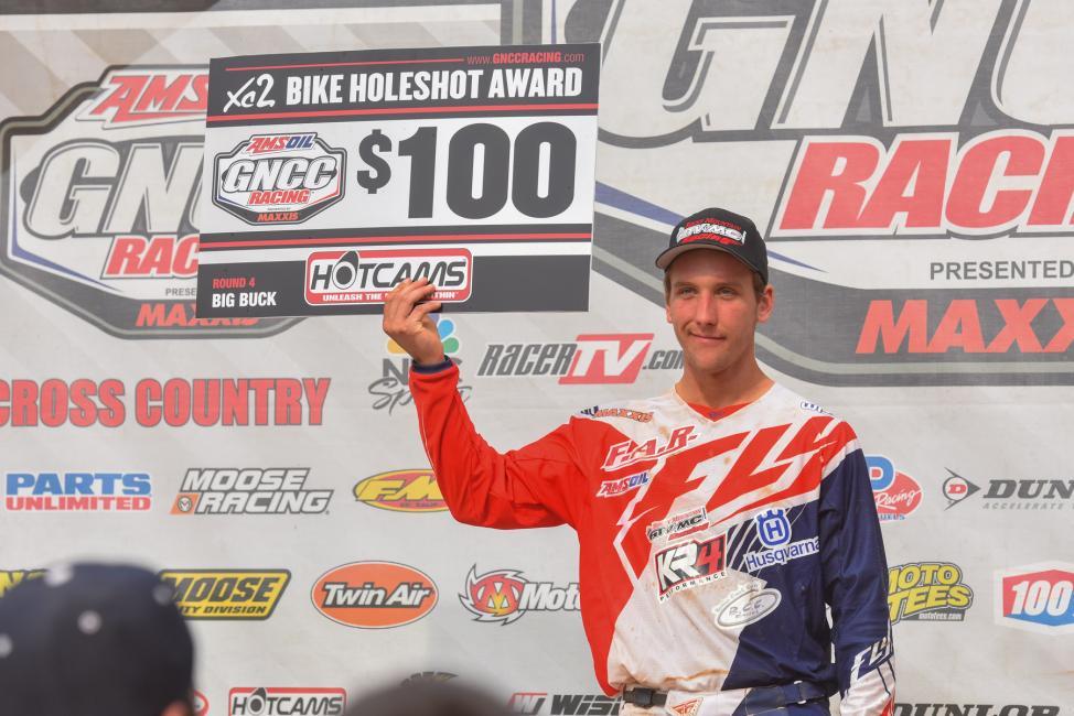 Nick Davis expresses dissapointment with a mechanical issue but he did earn the $100 Hot Cams XC2 Holeshot Award.