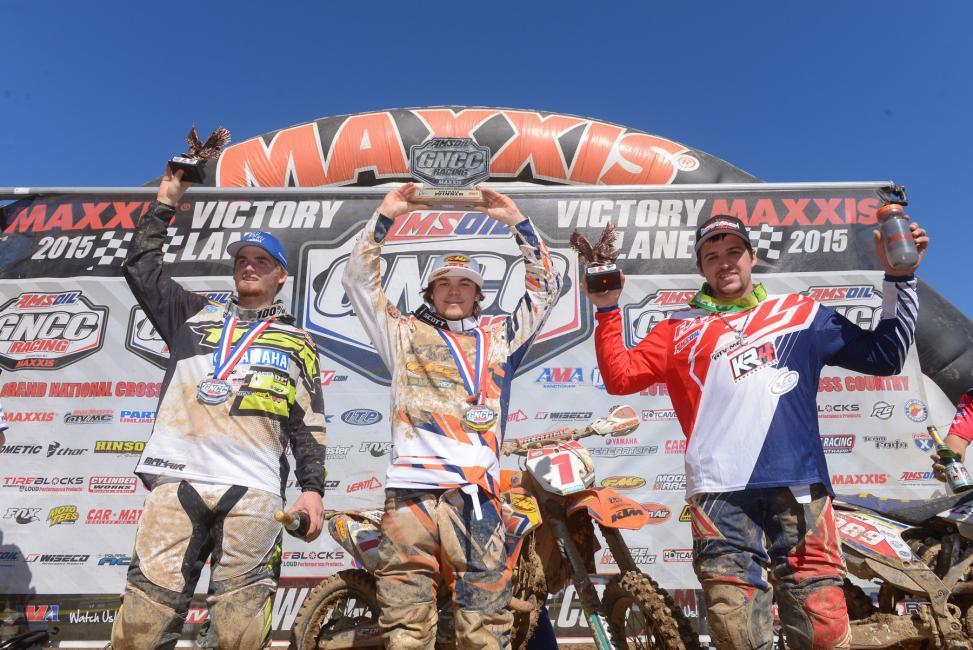 Kailub Russell (center), Grant Baylor (left), and  Thad DuVall (right) rounded out the 2015 Limestone 100 podium.
