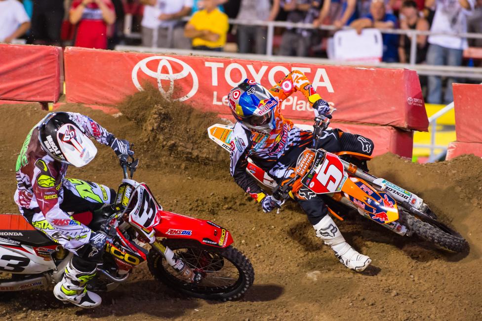 Tomac nailed the dragon's back-to triple and leaped inside of Dungey, but couldn't quite make the pass. They swapped back and forth in Monster Alley outside the stadium, with Dungey wrestling the lead back.