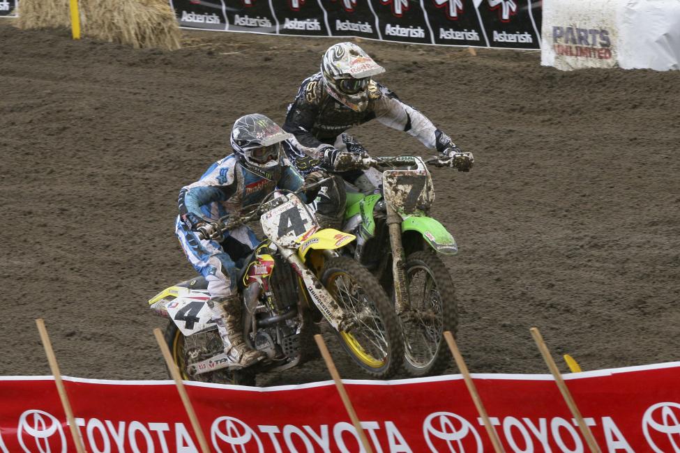  Ricky Carmichael (4) and James Stewart had an epic battle in the first moto of Hangtown 2006, won by Stewart, who then went on to end RC's twenty-seven-race winning streak in the 450 Class.  