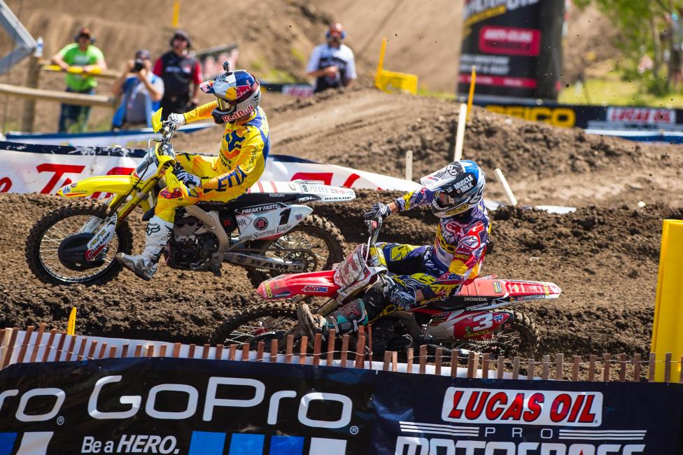 Tomac sliced to the inside of Roczen to take over the lead in the first moto.
