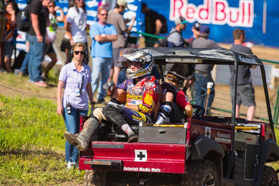 A bumpy ride in the back of the Asterisk Medical Mule with a dislocated shoulder must have felt awesome after crashing out and giving up the points lead.