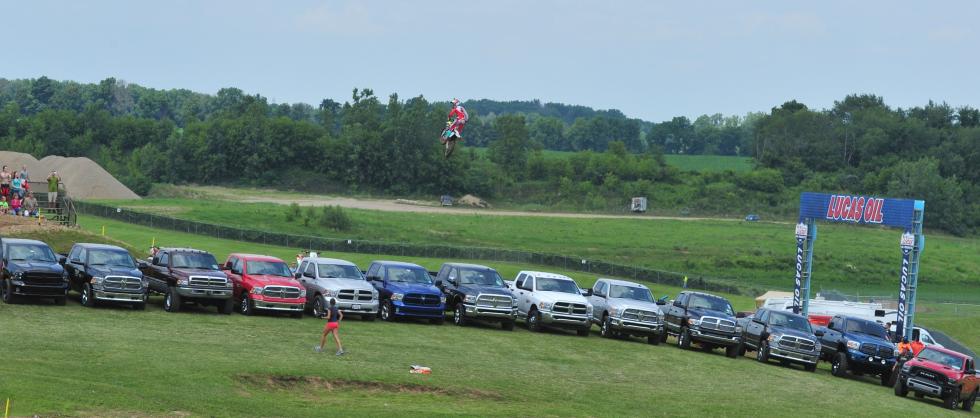 Ken Roczen clears a bunch of Ram Trucks on LaRocco’s Leap yesterday.
