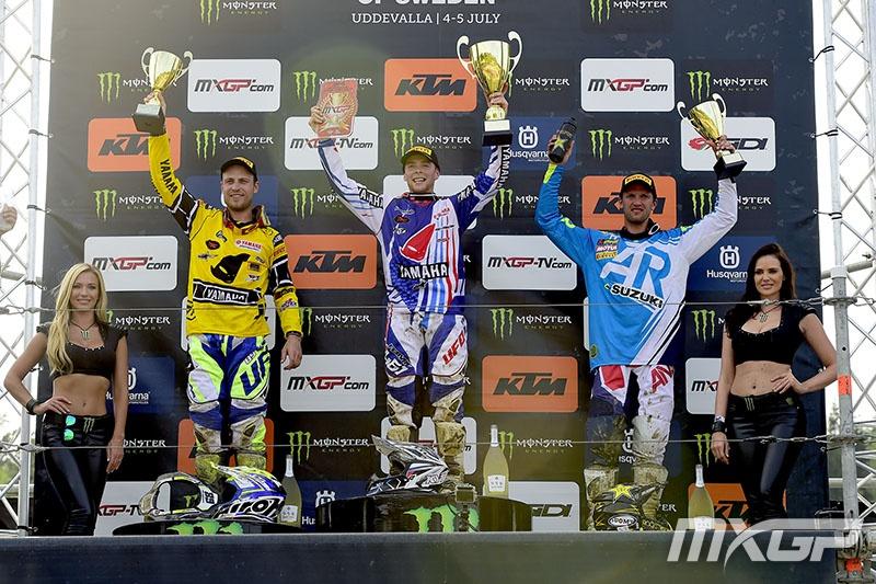 From left: Van Horebeek, Febvre and Strijbos on the MXGP podium in Sweden.