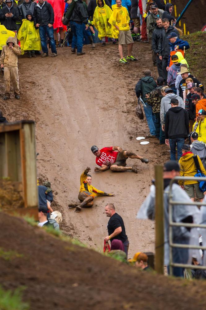 The racers weren't the only people sliding around in the mud.
