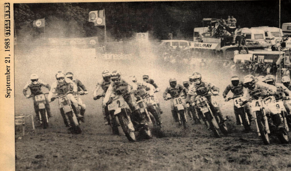 Here’s the start of that first moto in Belgium from the Cycle News archives, with Barnett (2), Bailey (right behind him), Ward (3), and Glover (4) all at the front.