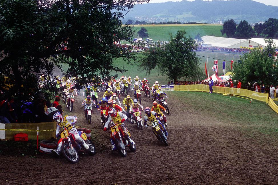 David Bailey (1) holeshots the first moto of sixty-three riders with British hero David Thorpe (7) right behind him. Thorpe would win the battles, but Team USA would win the war.