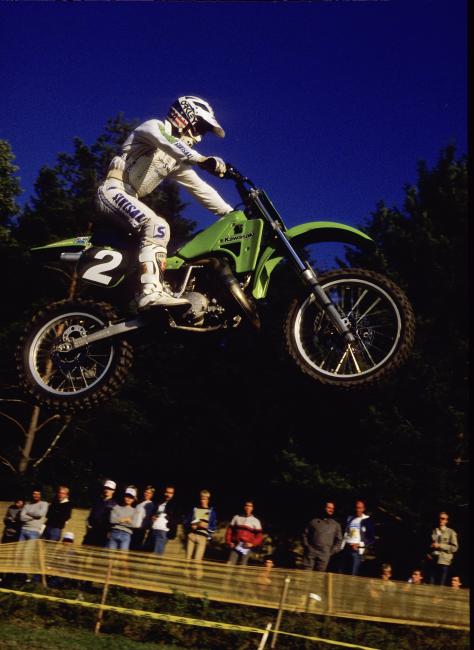 Jeff Ward, the all-time winningest rider for the red, white, and blue team, rode a green bike.