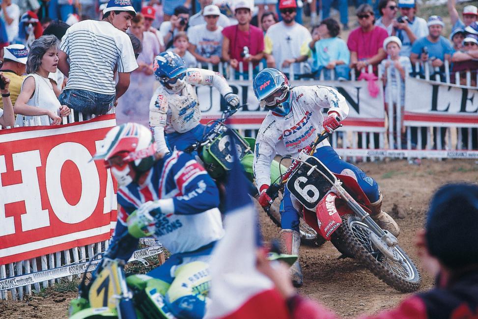 Jean-Michel Bayle (6) leads Jeff Ward (3) in their first-moto battle, which saw JMB rise to second behind only Rick Johnson.