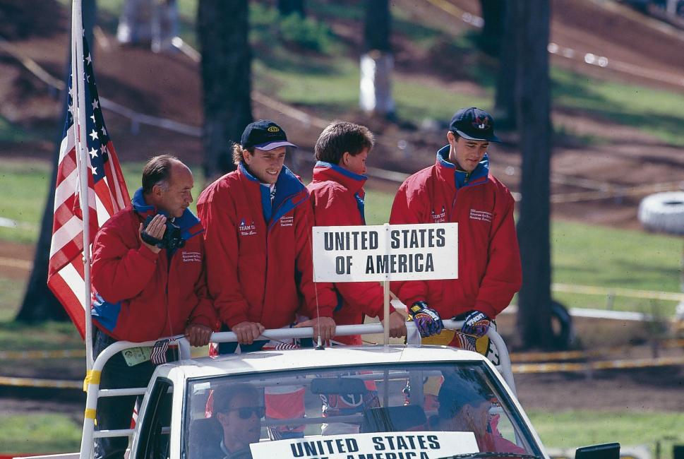 Team manager Roy Janson (left) and riders Mike LaRocco, Billy Liles, and Jeff Emig were the “B team” of 1992.