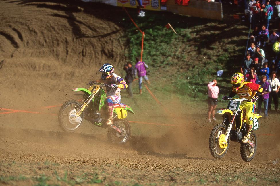Mike Kiedrowski (1) and Belgium’s Stefan Everts in the early going on the final moto, during which the American would fall three times before getting himself squared up and moving forward.
