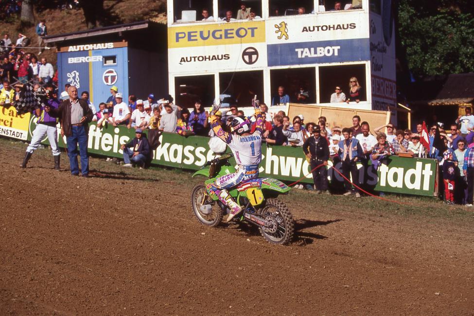 Mike Kiedrowski celebrates another win—thirteen in a row—for Team USA at the Motocross des Nations.