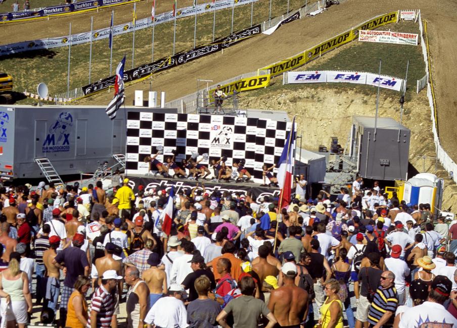 The pom pom girls get the crowd pumped up before the race. The French faithful were hoping for their first-ever MXdN win.