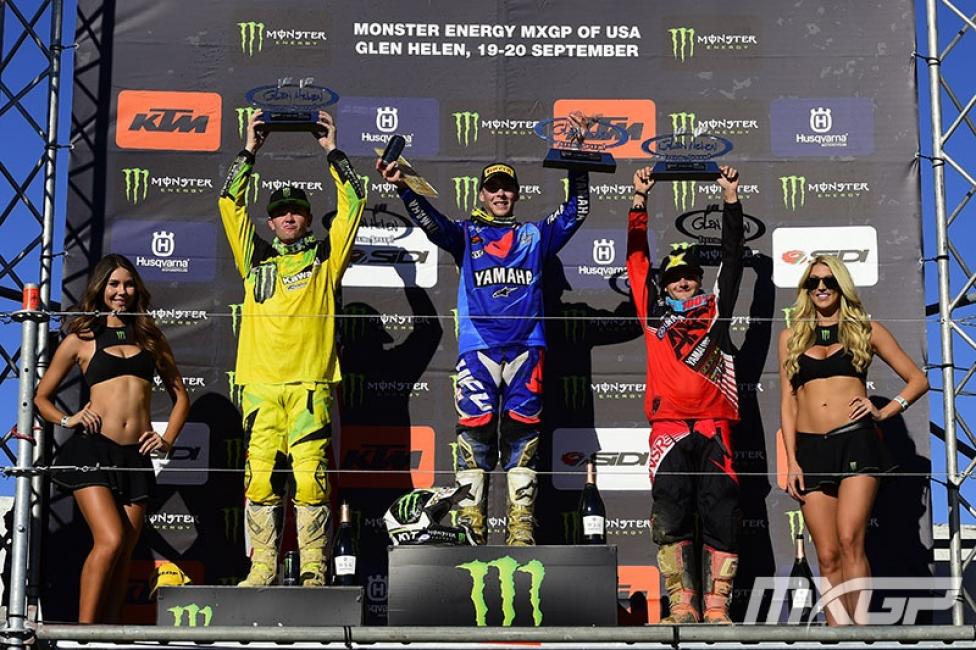 The MXGP podium of Febvre, Grant, and Webb.