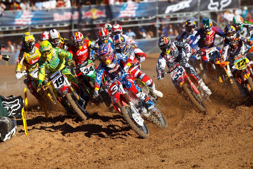 Short (3) had been a holeshot machine all summer, and he delivered a big one in moto two. Watch out for the #33 of Ben Townley, though!