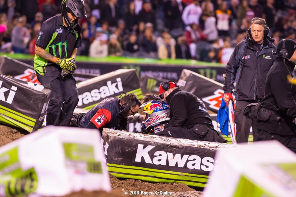 Stewart's return to supercross lasted only a few laps. No word yet on his condition.