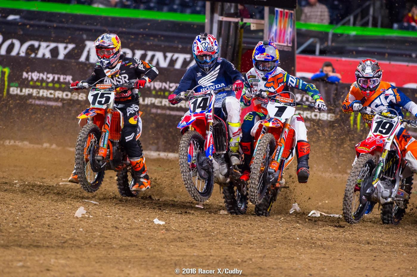 Wilson (15), Seely (14), Dungey (1) and Bogle (19) fight for position off the start.