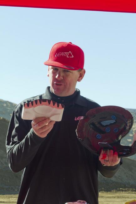 Leatt's Todd Repsher demoing the VFoam and Armourgel turbines of the helmet.