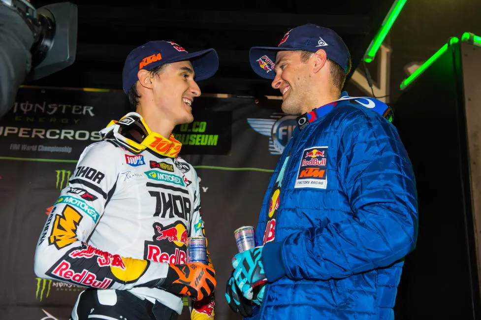 Red Bull KTM teammates Marvin Musquin (left) and Ryan Dungey on the podium in Oakland.