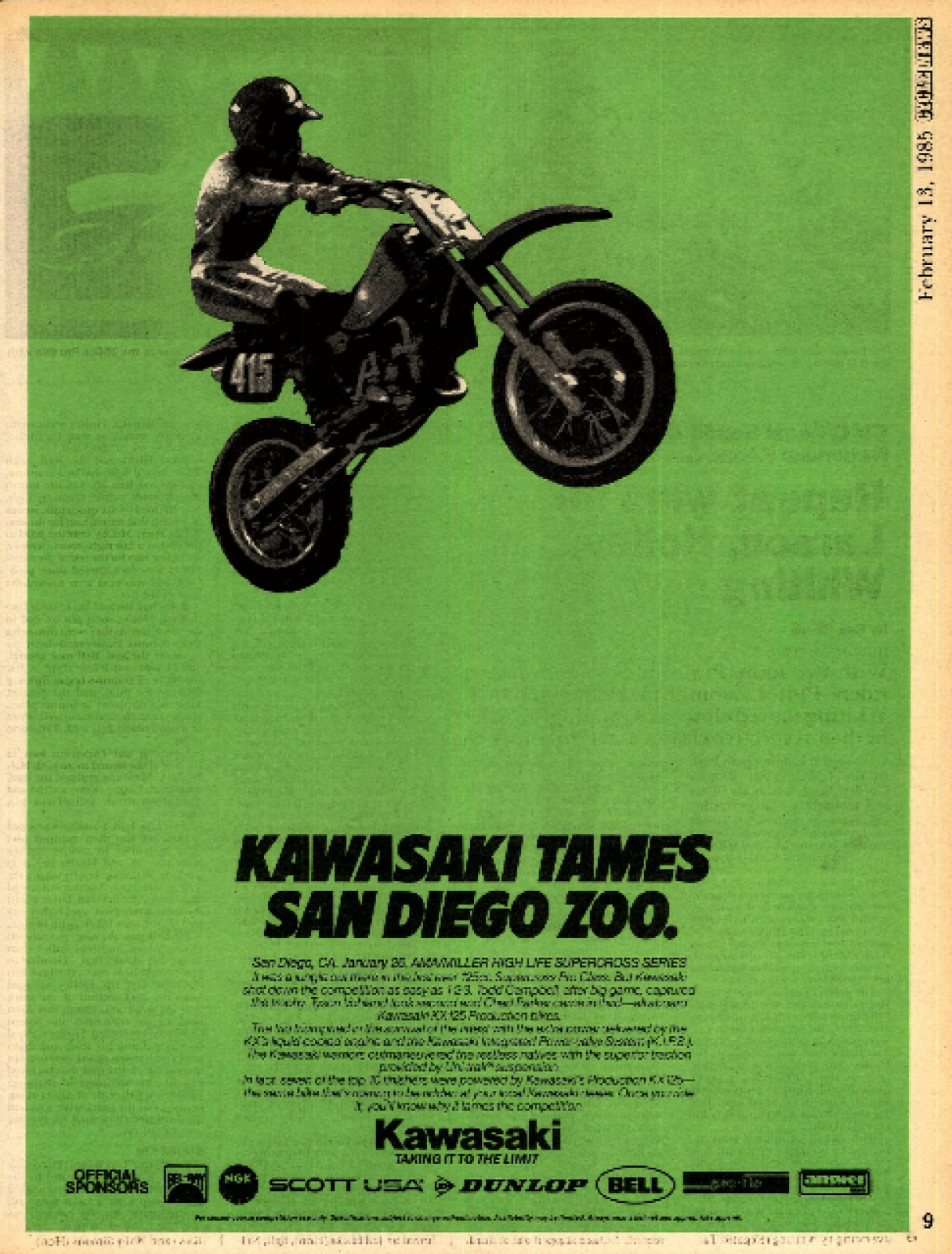 Team Green Kawasaki's Todd Campbell not only got the first 125 SX win in history, he also was the subject of the first-ever win ad for this class to appear in Cycle News.