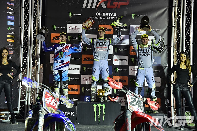 Gajser (center) took the win in his MXGP debut.
