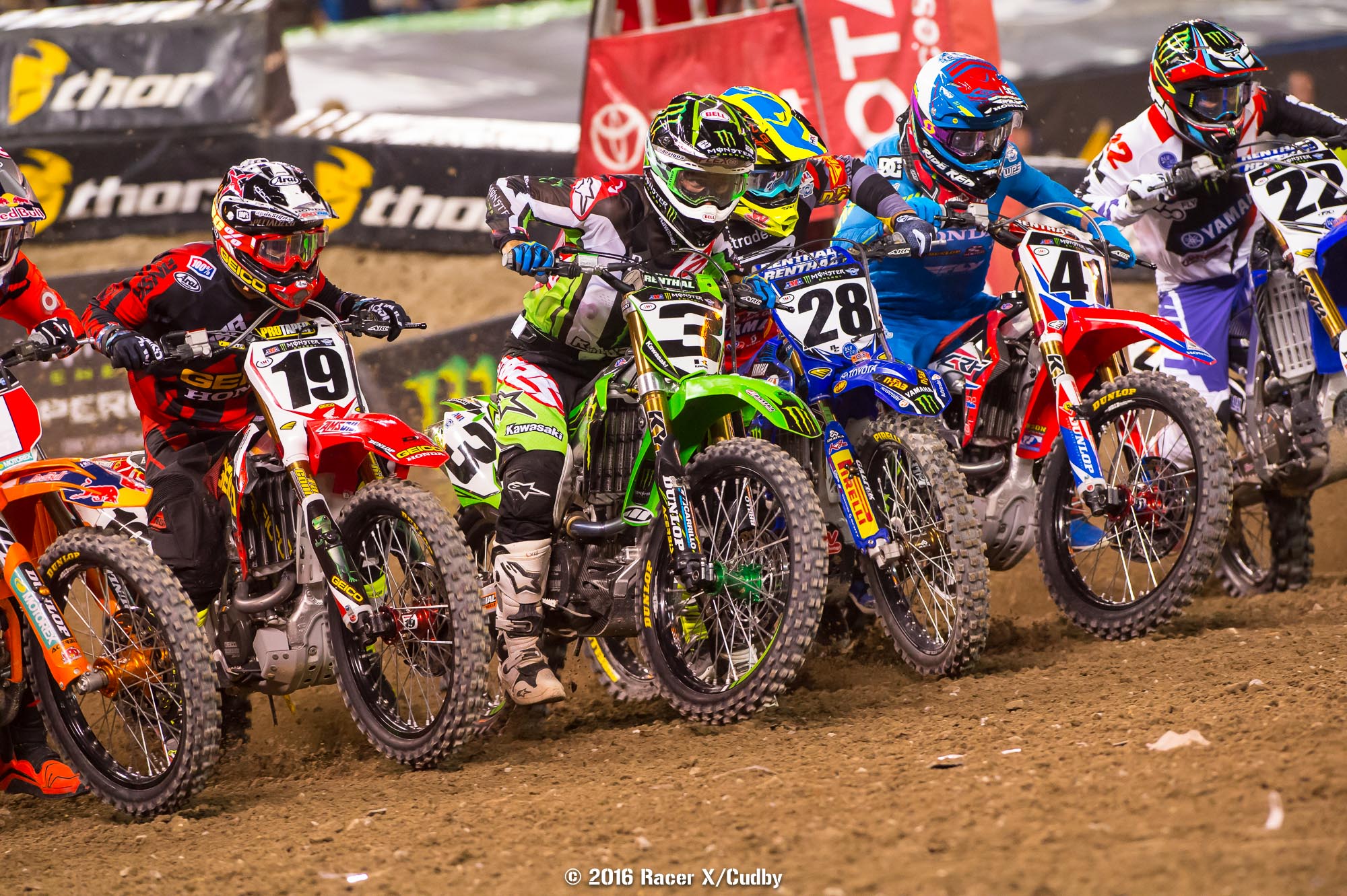 Bogle grabbed the holeshot on the 19 but then crashed huge and ignited a big pileup.