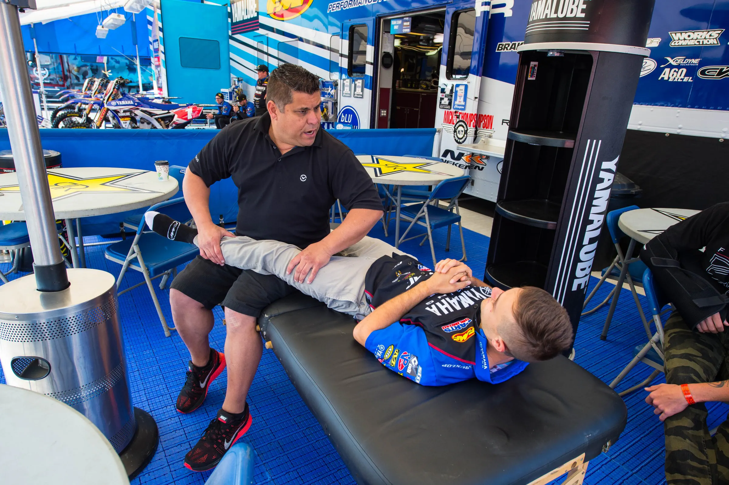 Doctor G. working on Webb early in the day. Webb had a big crash on Tuesday, but looked fine in his come-from-behind win.
