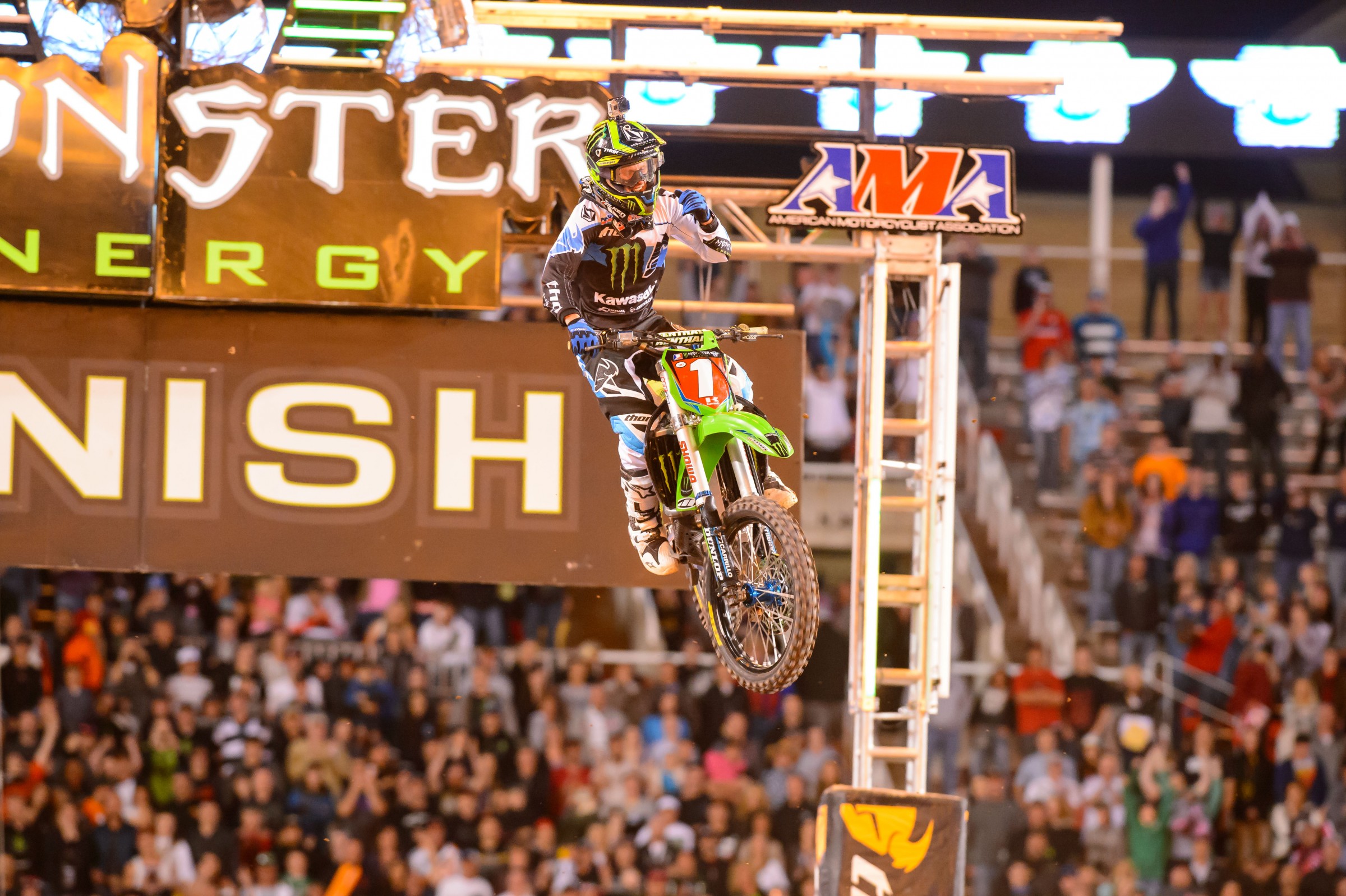Four-time AMA Supercross Champion Ryan Villopoto celebrates a title clinching ride. In 2013, he started slowly but still came back to clinch a race early, and the year before that, he clinched so early that even a torn ACL and three missed races didn't matter!