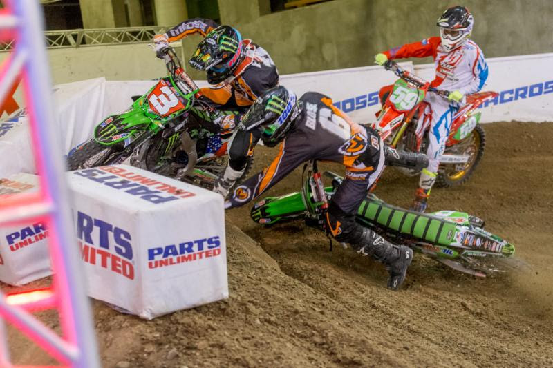 An incident involving the top two riders in the Race to the Championship in the first Arenacross Class Main Event set the tone for the battle for victory.