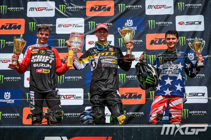 The EMX250 podium of Olsen, Vaessen, and Sanayei.