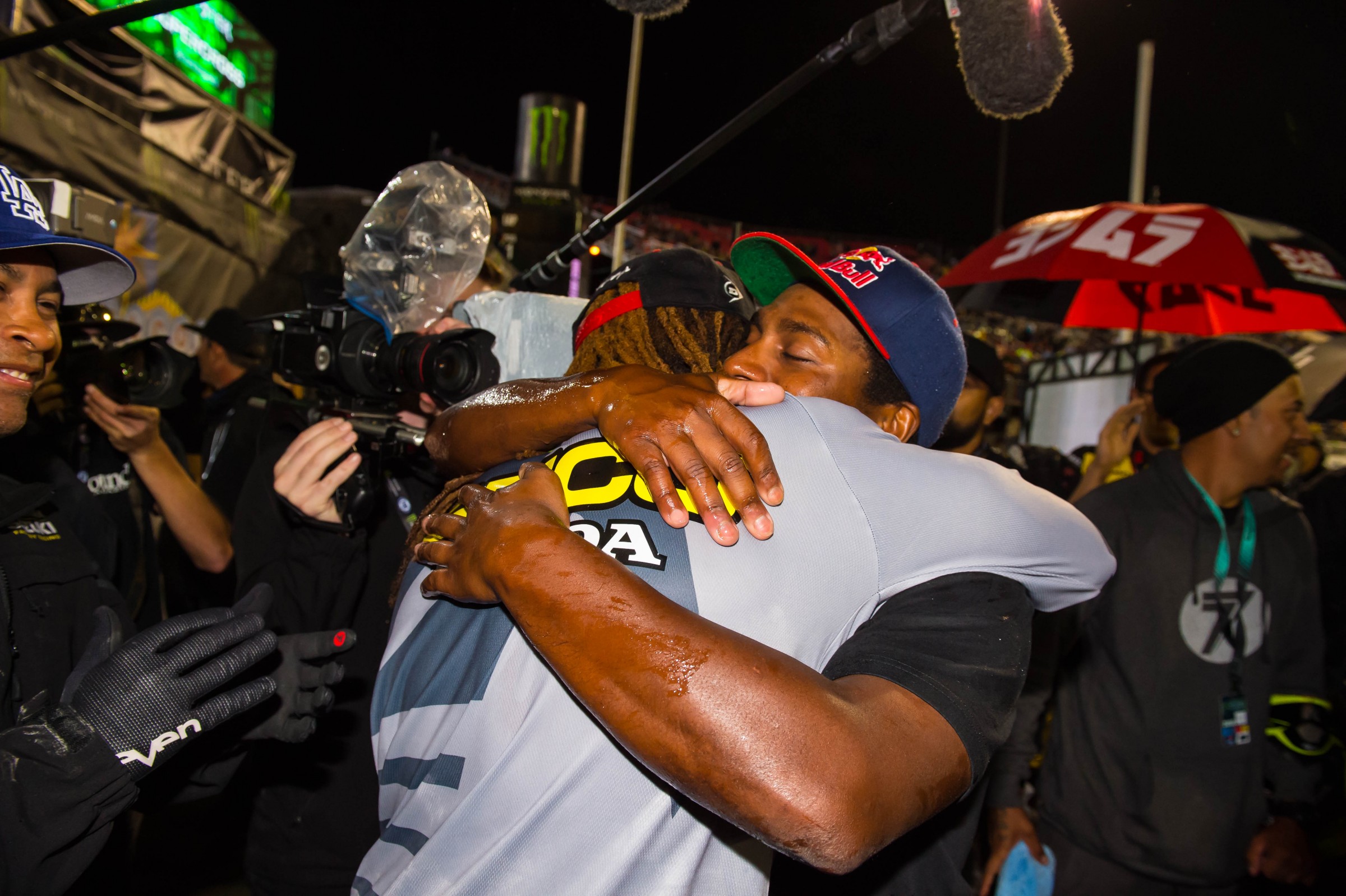 Malcolm and his older brother James embrace after the race in Las Vegas.