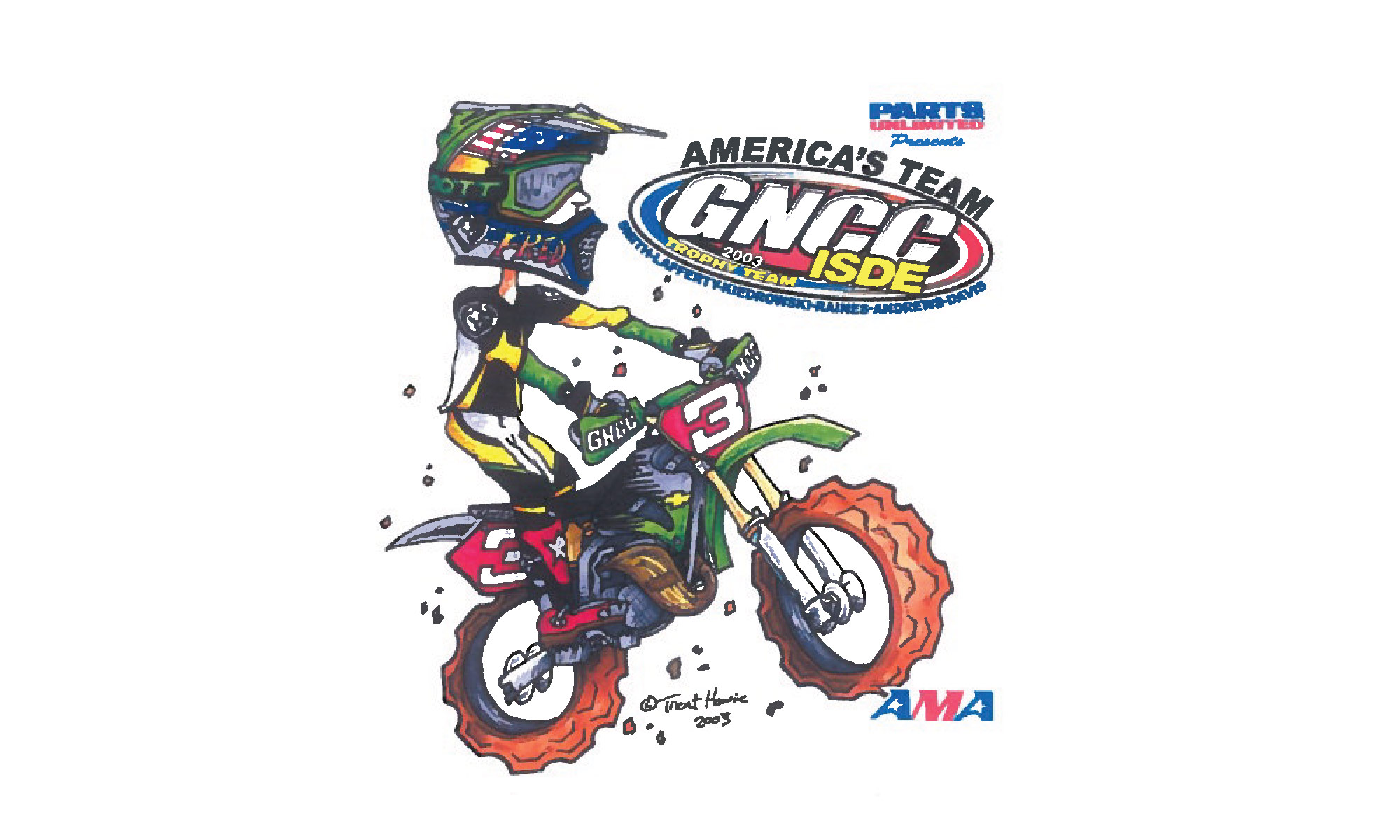 These stickers--with Trent Howie drawings of GNCC racers like Fred Andrews--were fund raisers for the 2003 U.S. ISDE effort.