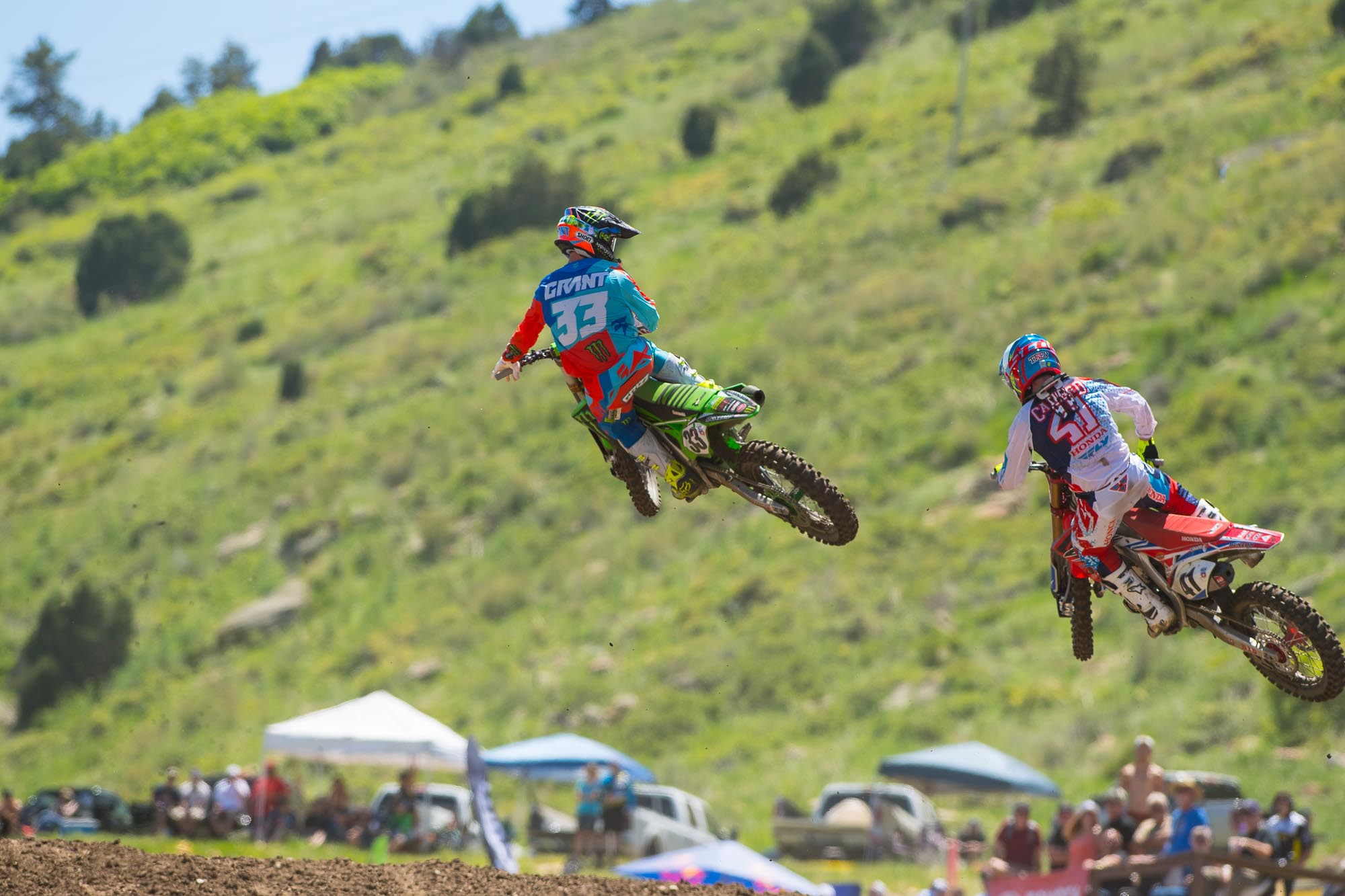 Josh Grant ran Trey Canard down and passed him in the second moto, but Canard got him back. Then Grant almost passed Canard again on the last lap.