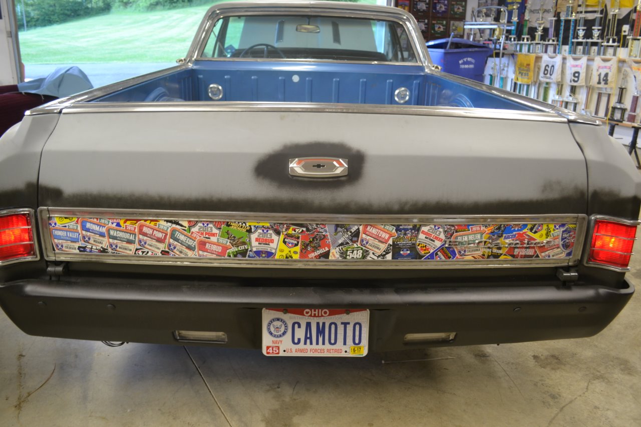 Check out all of those old AMA National stickers on the bumper of Rupert X. Pellett’s bitchin’ Camino.