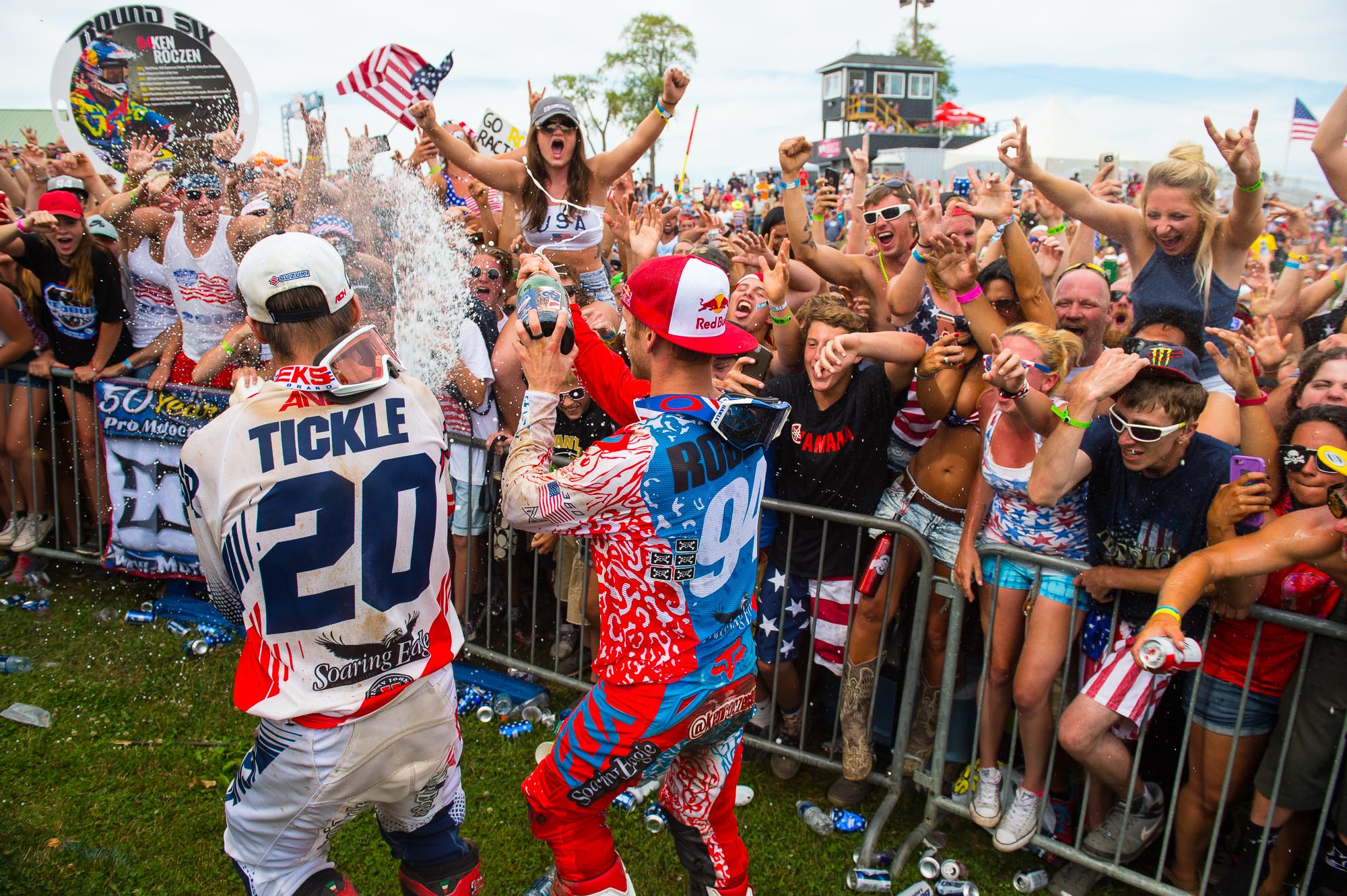 Roczen and teammate Broc Tickle celebrate with the fans at RedBud.