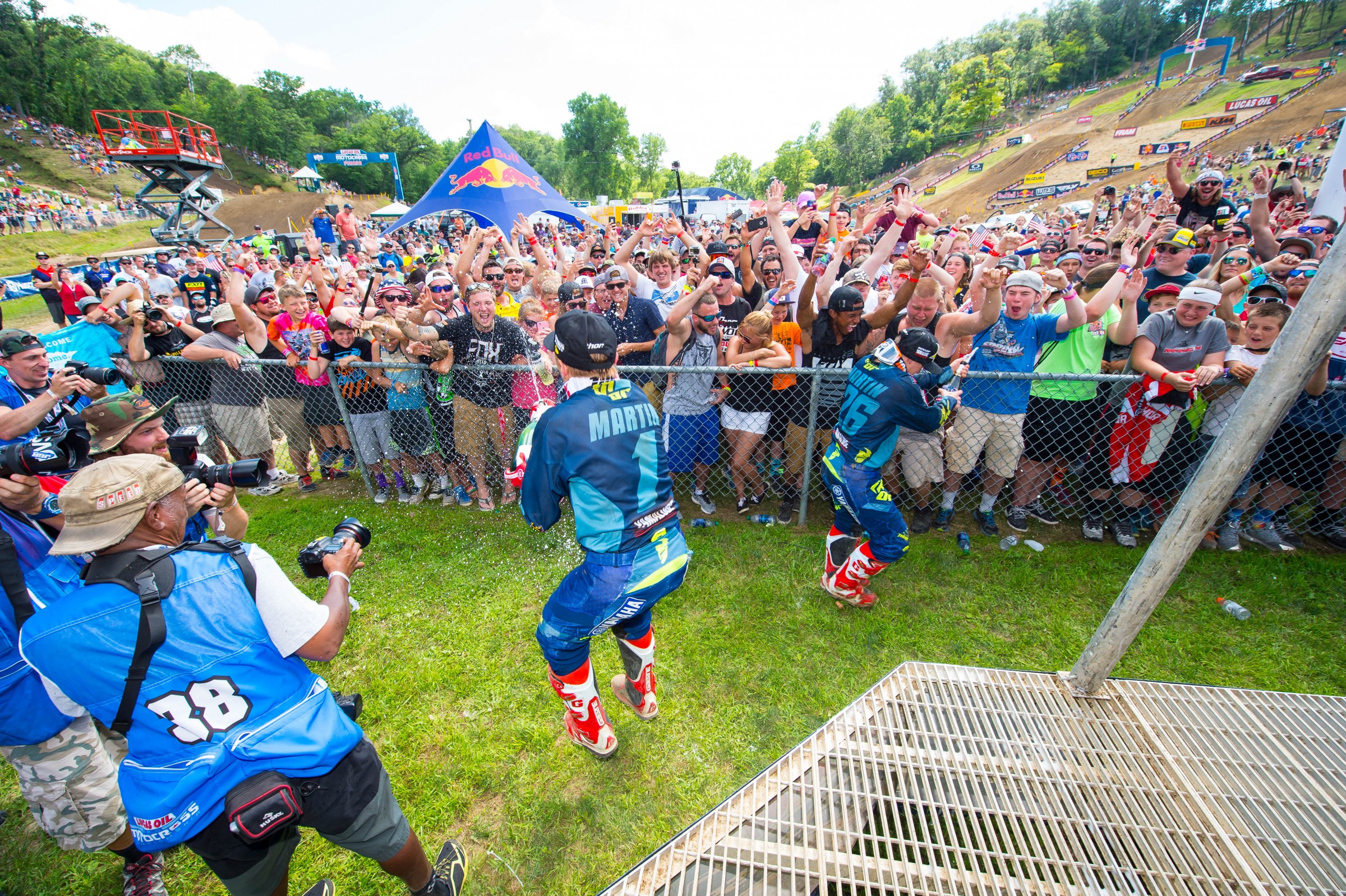 Brothers Jeremy (#1) and Alex (#26) celebrate with their podium finishes with the home crowd at the 2016 Spring Creek National.