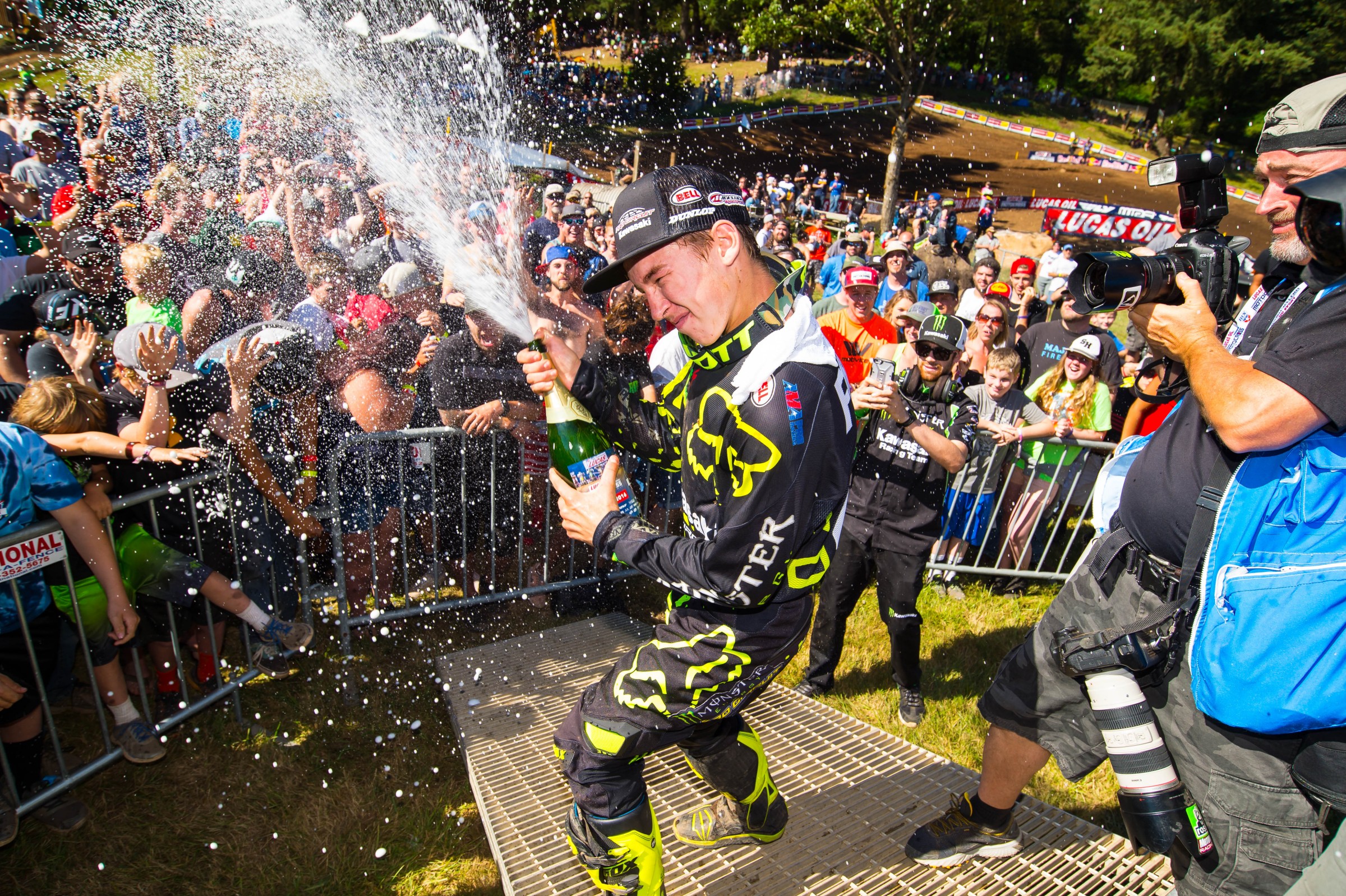 Austin Forkner celebrates his first career moto win at Washougal.