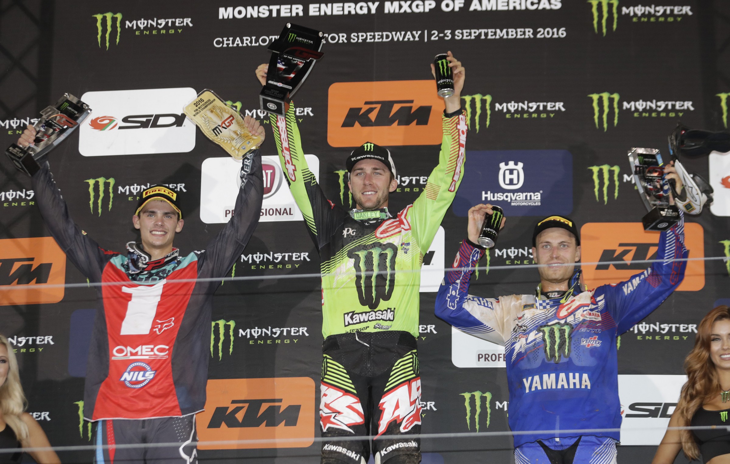 L-R Gajser, Tomac, Van Horebeek on the MXGP podium.