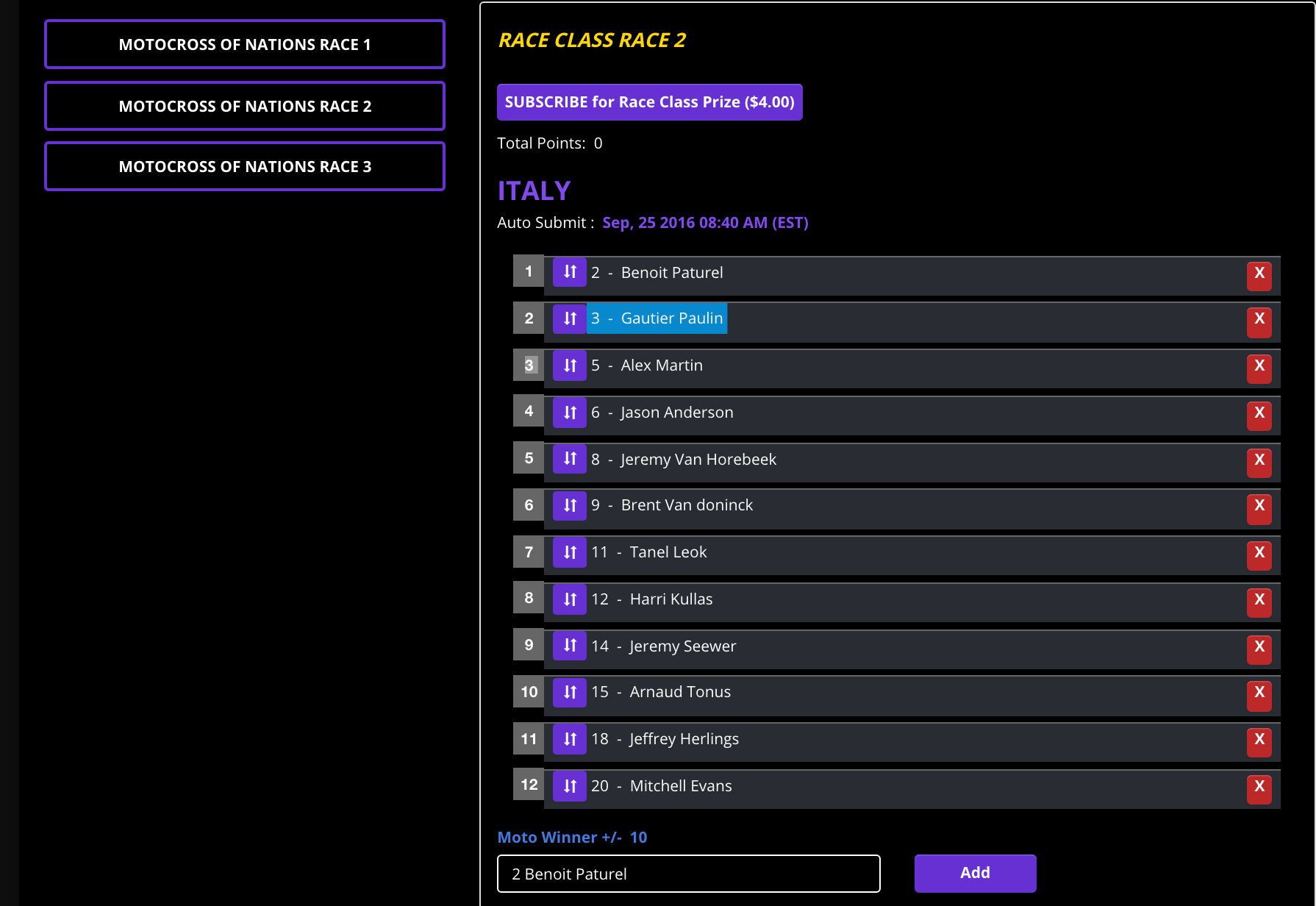 A sample entry for Race 2.