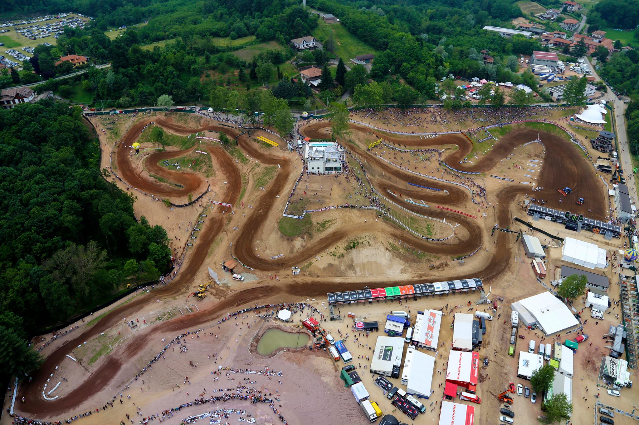 The fully layout of the track in Maggiora, Italy. You can see the hills Alex Martin talked about next to the building in the middle.